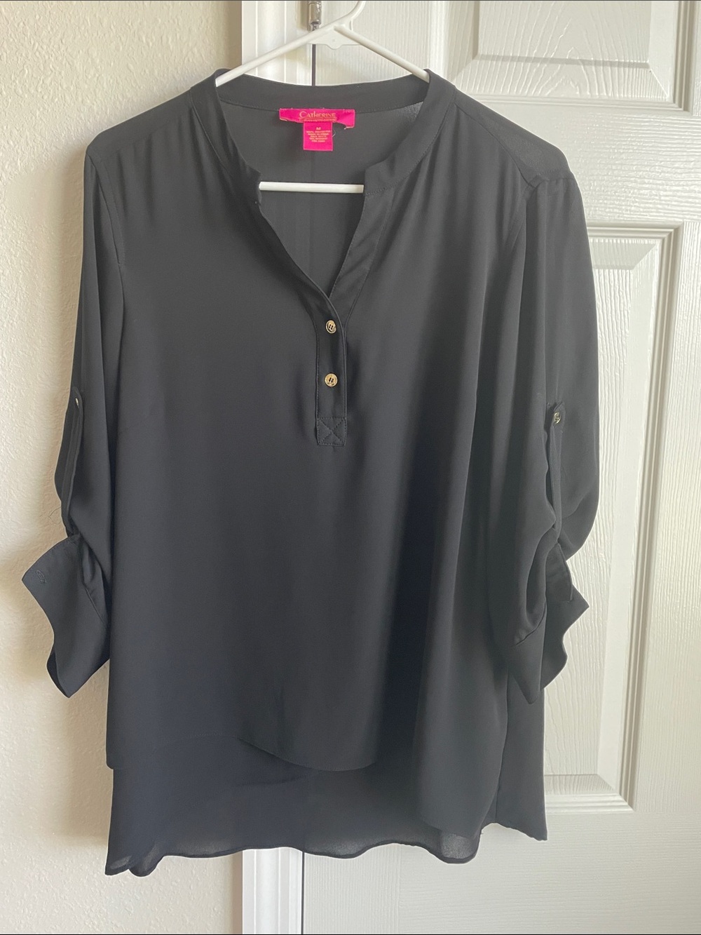 Catherine MaLandrino Black Split-Neck Roll Blouse